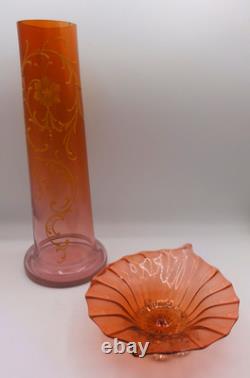 Bohemian Victorian Harrach Orange Pink Art Glass Jack in the Pulpit Optic Bowl