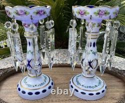 C1890 Pair Moser Candle Lustres Czech Enamel Gilded White Glass Cut Overlay 8.5