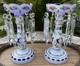 C1890 Pair Moser Candle Lustres Czech Enamel Gilded White Glass Cut Overlay 8.5