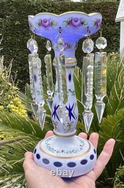C1890 Pair Moser Candle Lustres Czech Enamel Gilded White Glass Cut Overlay 8.5