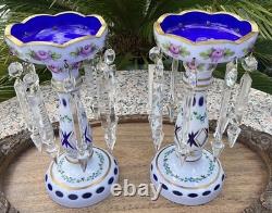 C1890 Pair Moser Candle Lustres Czech Enamel Gilded White Glass Cut Overlay 8.5