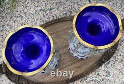 C1890 Pair Moser Candle Lustres Czech Enamel Gilded White Glass Cut Overlay 8.5