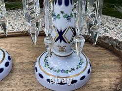 C1890 Pair Moser Candle Lustres Czech Enamel Gilded White Glass Cut Overlay 8.5