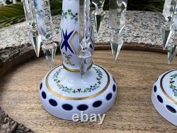 C1890 Pair Moser Candle Lustres Czech Enamel Gilded White Glass Cut Overlay 8.5