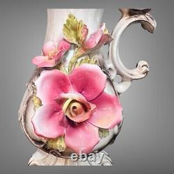 CAPODIMONTE Tall Old Vintage Pitcher Footed Vase Italy Ornate Pink Roses 13