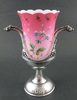 CELERY VASE Antique PEACHBLOW art glass Dragonflies James TUFTS Quad Silver