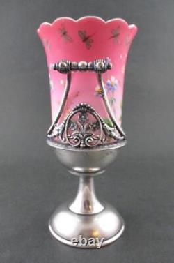 CELERY VASE Antique PEACHBLOW art glass Dragonflies James TUFTS Quad Silver