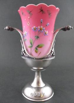 CELERY VASE Antique PEACHBLOW art glass Dragonflies James TUFTS Quad Silver