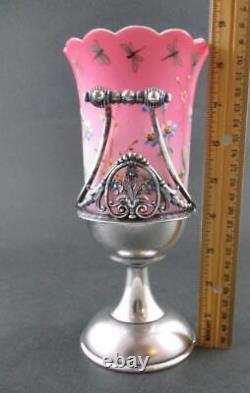 CELERY VASE Antique PEACHBLOW art glass Dragonflies James TUFTS Quad Silver