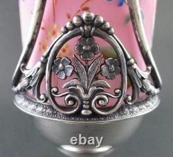 CELERY VASE Antique PEACHBLOW art glass Dragonflies James TUFTS Quad Silver