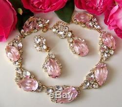 CZECH Icy Silver Pink Art Glass & Rhinestone Couture Necklace & Earring Set
