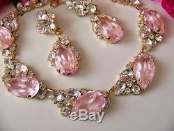 CZECH Icy Silver Pink Art Glass & Rhinestone Couture Necklace & Earring Set