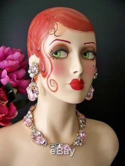 CZECH Icy Silver Pink Art Glass & Rhinestone Couture Necklace & Earring Set