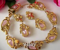 CZECH Icy Silver Pink Art Glass & Rhinestone Couture Necklace & Earring Set