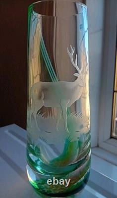 Caithness Glass Vase Deer Stag Green Stunning Green Pink and Orange pattern
