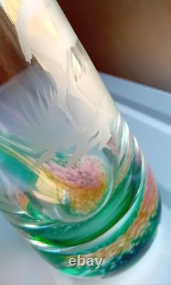 Caithness Glass Vase Deer Stag Green Stunning Green Pink and Orange pattern