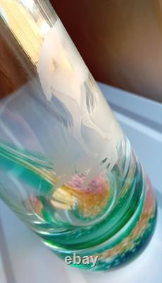 Caithness Glass Vase Deer Stag Green Stunning Green Pink and Orange pattern