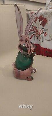 Cenedese Murano Sommerso Green Pink Italian Art Glass Bunny Rabbit Figure1960