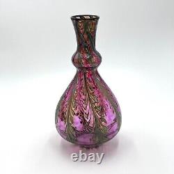 Charles Lotton Art Glass Red & Gold Pulled Feather Iridescent Vase Unsigned