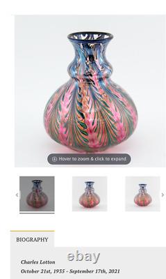 Charles Lotton Art Glass Red & Gold Pulled Feather Iridescent Vase Unsigned