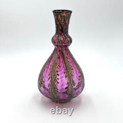 Charles Lotton Art Glass Red & Gold Pulled Feather Iridescent Vase Unsigned