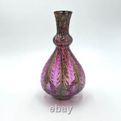 Charles Lotton Art Glass Red & Gold Pulled Feather Iridescent Vase Unsigned