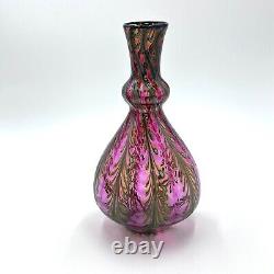 Charles Lotton Art Glass Red & Gold Pulled Feather Iridescent Vase Unsigned