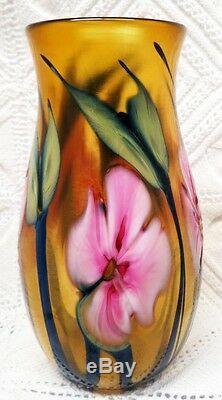 Charles Lotton Signed Spectacular Multi Flora Pink & Amber Vase C-1980