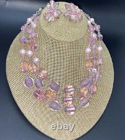 Charming VENDOME Pink Art Glass AB Beaded Triple Strand Necklace Earring SET