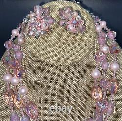Charming VENDOME Pink Art Glass AB Beaded Triple Strand Necklace Earring SET