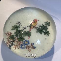 Chinese Whites 1930s Art Glass Paperweight Floral Bird China Vintage