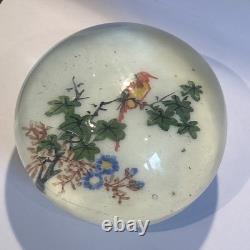 Chinese Whites 1930s Art Glass Paperweight Floral Bird China Vintage
