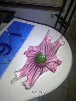 Chribska Czech Art Glass Centerpiece Bowl Pink Josef Hospodka Freeform Wave