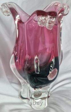 Chribska Vintage Josef Hospodka Bohemian Art Glass Lily Vase 1970s Pink & smoke