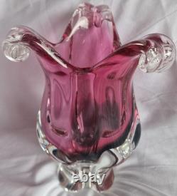Chribska Vintage Josef Hospodka Bohemian Art Glass Lily Vase 1970s Pink & smoke