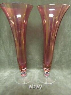 Circa 1940's Rainbow Glass Decorating Co Cranberry Stain Tall Trumpet Vase Pair