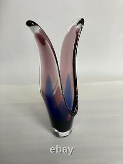 Coquille Flygsfors swedish art glass pink and blue vase Paul Keldev Signed