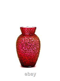 Coralene Cranberry Art Glass Vase Micro-bead Work C1890