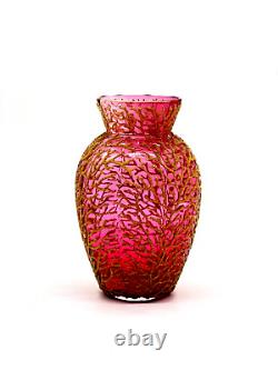 Coralene Cranberry Art Glass Vase Micro-bead Work C1890