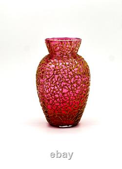 Coralene Cranberry Art Glass Vase Micro-bead Work C1890