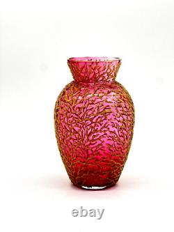 Coralene Cranberry Art Glass Vase Micro-bead Work C1890