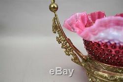 Cranberry Bridal Basket Fenton Hobnail Opalescent Brass Handle Pink Glass Bride