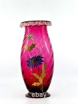 Cranberry Glass Vase Hand Blown Rigaree Rim Enamel Hand Painted