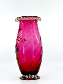 Cranberry Glass Vase Hand Blown Rigaree Rim Enamel Hand Painted