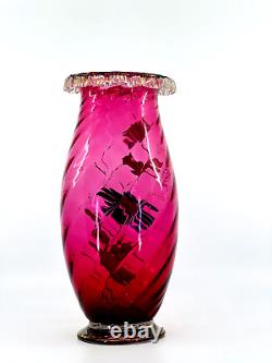 Cranberry Glass Vase Hand Blown Rigaree Rim Enamel Hand Painted