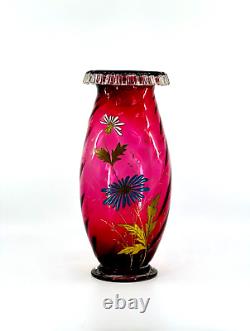 Cranberry Glass Vase Hand Blown Rigaree Rim Enamel Hand Painted