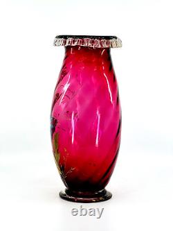 Cranberry Glass Vase Hand Blown Rigaree Rim Enamel Hand Painted