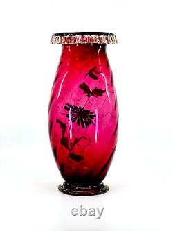 Cranberry Glass Vase Hand Blown Rigaree Rim Enamel Hand Painted