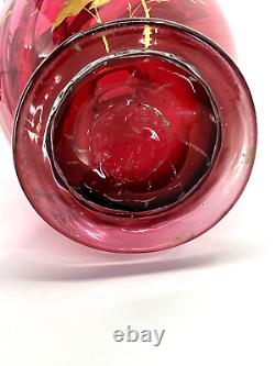 Cranberry Glass Vase Hand Blown Rigaree Rim Enamel Hand Painted