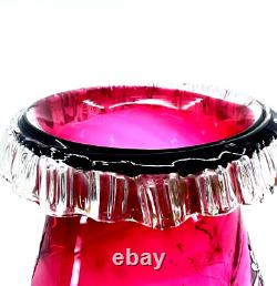 Cranberry Glass Vase Hand Blown Rigaree Rim Enamel Hand Painted
